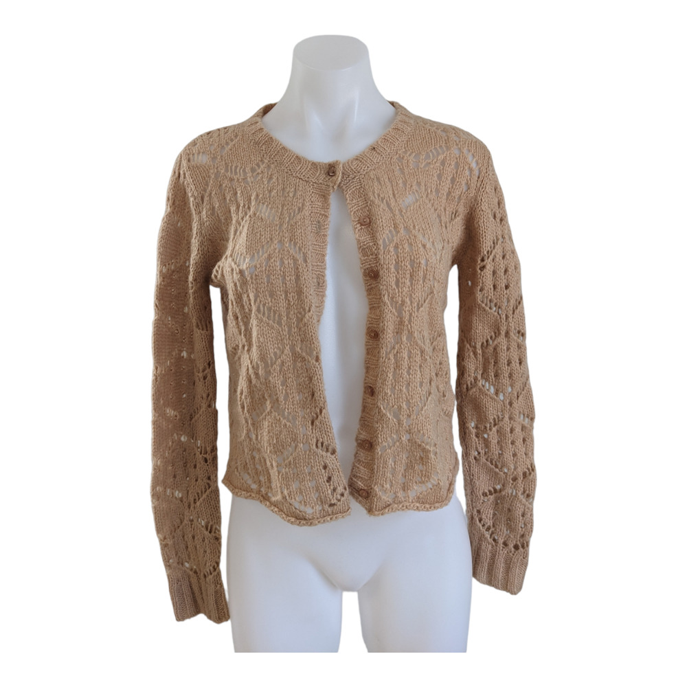 Sababa Size Small Open Knit Mohair Cardigan Sweater Tan Crew Neck Long Sleeve